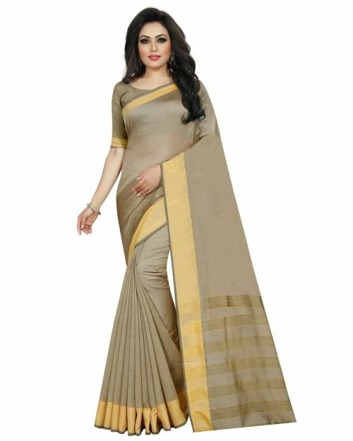 Saadhvi Women's Chikoo Cotton Silk Stripes Printed Saree With Blouse(FL-IF-MonicapalluChikoo, Free Size)