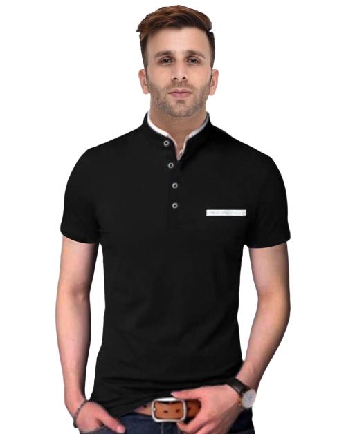 FastColors Mandrain Collar Black Half Sleeve T-Shirt
