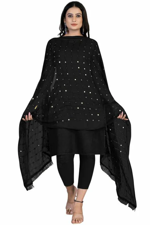 Kemza Women's Embroidered Mirror Work Chiffon Dupatta (Black) with Stripe Pattern