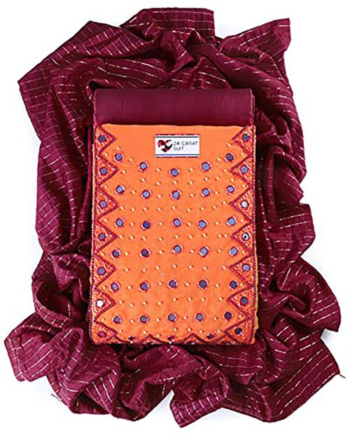 Sun Fashion and Lifestyle Women Fenta Hand Embroidery Chanderi Silk Unstitched Salwar Suit Dress Material with Dupatta