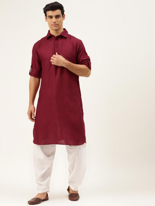 Molly & Michel Solid Pathani Kurta Maroon