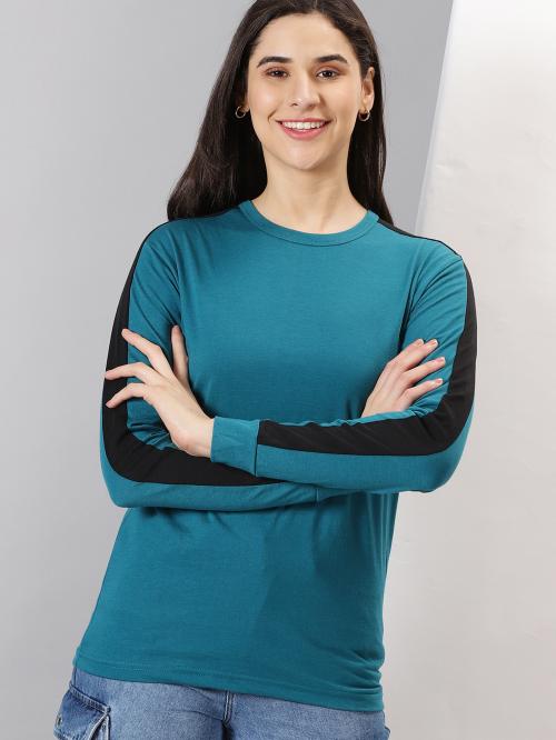 AUSK Women Teal & Black Striped Round Neck Full Sleeve Casual T-Shirt