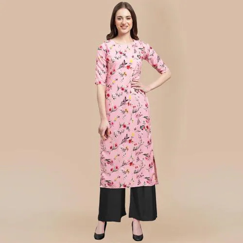 1 Stop Fashion Women's Baby Pink Color Kurta and Black Palazzo Set {530339-Black Palazzo_XL}