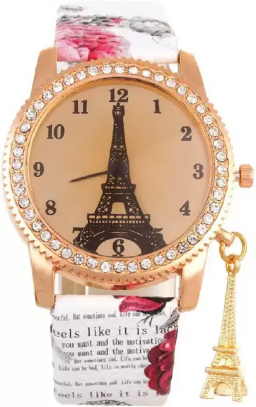 Bizolo White Classy Analogue Diamond Dial Paris Eiffel Tower Printed Analog Watch For Girls & Women
