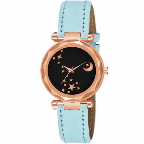 KIROH Analogue Moon Designer Dial Leather Strap Watch for girls and women(Sky-Blue)
