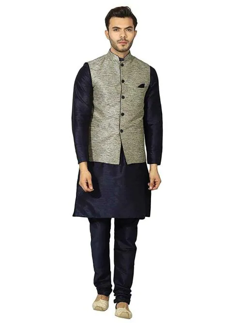 ethluxis Mens Grey Solid Kurta Pyjama with Nehru Jacket, 42