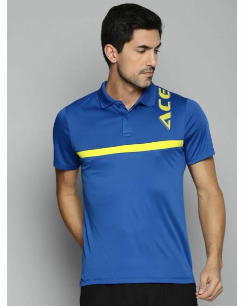 Alcis Men Blue Yellow Brand Logo Printed Polo Collar Slim Fit Running T-shirt