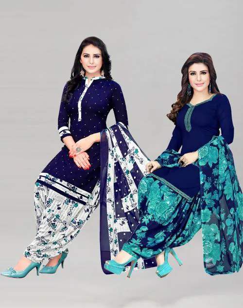 Siril Women'S Crepe Fabric Dark Blue & Navy Blue Colour Unstitched Combo Printed Salwar Suit Dress Material