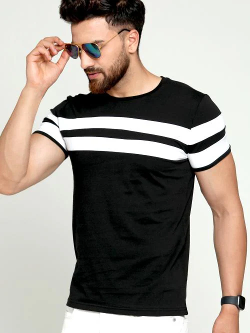 Ausk Men's Black & White Colorblocked Round Neck Cotton Blend Half Sleeve T-Shirt