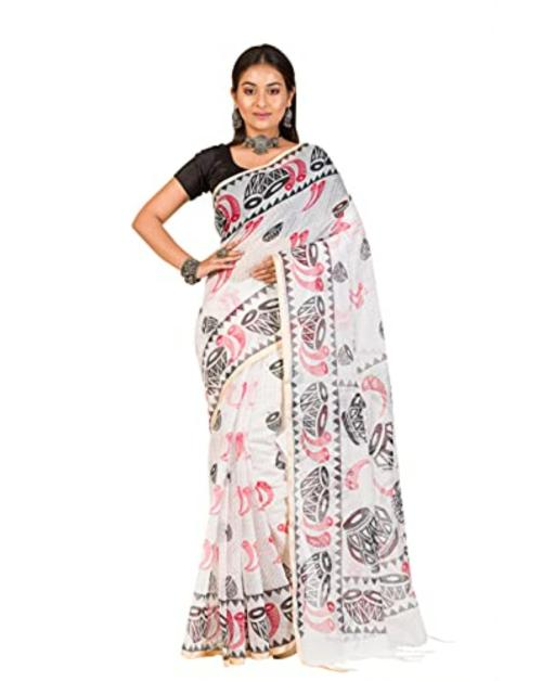 Raj Saree House Women's Traditional Cotton Silk Bengali Handloom Print Saree - With Blouse Piece (White)