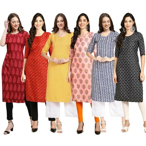 1 Stop Fashion Women's Crepe Digital Print Straight Kurta [Pack of 6] {CCT-337-370-350-368-348-362-XXL}