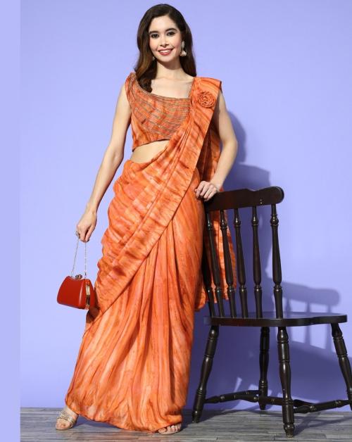 Chhabra 555 Made to Measure Orange Ombre Marble Prints Draped Saree With Applique Embellished Blouse