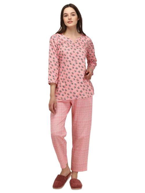 Patiala Pink Cotton Satin Kurti-styled Ethnic Loungewear Set