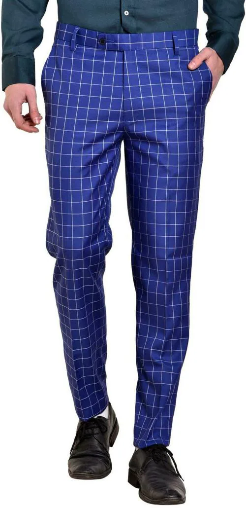Buy AD & AV Men Blue Checkered Synthetic Single Formal Trousers Online ...