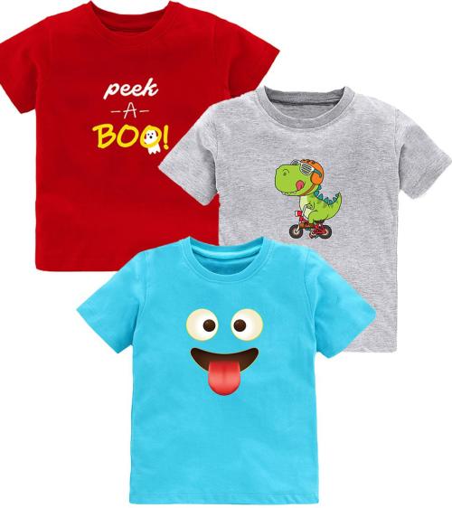Kavee Boys Grey Printed Pure Cotton Pack Of 3 T-Shirt