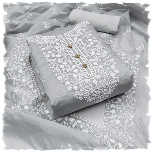 Sidhidata Women's Heavy Cotton Embroidery Work Unstitched Salwar Suit Dress Material With Chanderi Work Dupatta Grey
