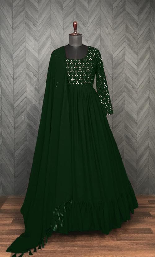 VAANU Embroidered Georgette Stitched Flared/A-line Gown  (Green)