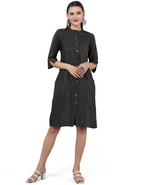 ANUSHIL Women Cotton Golden Weaved Mandarin Collar One Peice Knee Length Kurta Dress with Buttons(Colour-Black, Size-2XL)