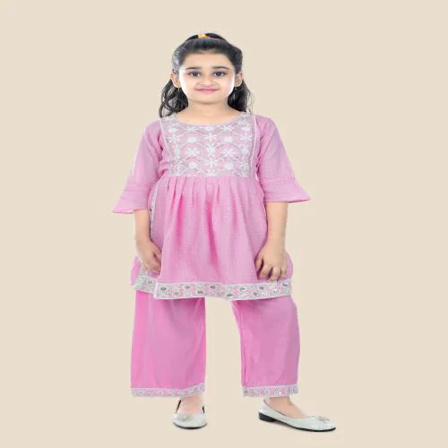 Burbn girls pink embroidered kurta pants set