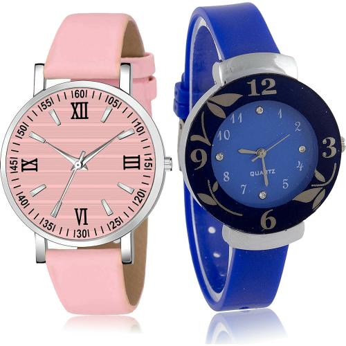 NEUTRON New Style Casual And Flower Pink And Blue Colour Analog Genuine Leather And Plastic Belt 2 Watch Combo For Women And Girls - G547-G25