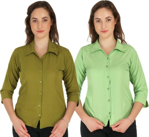 Hunoor Womens Light Mehandi and Parrot Green Solid Crepe Pack of 2 Formal Shirt l women shirt l casual shirt for women