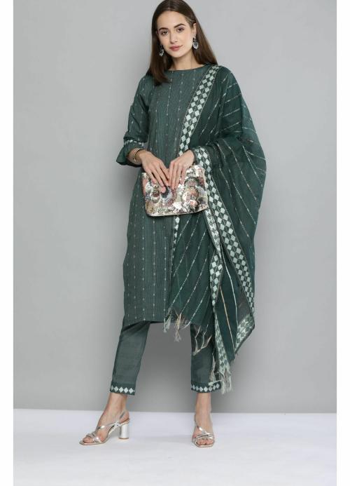 KVSFAB Women's Handloom Cotton Olive Green Unstitched Dress Material