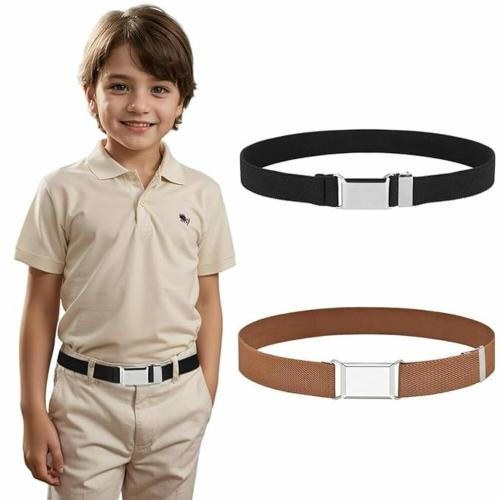 Alfazeroverseas 2 Pack Belt for Kids, Stretchy Kids Belt for Boys Girls, Adjustable Waist Belt, Elastic Silver Buckle Child Toddler Belt - Black & Brown Set