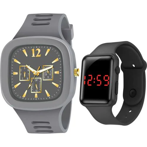 Casera Black Square Dial Analog Wrist Watch for Men with LED Digital Watch (Pack of 2)