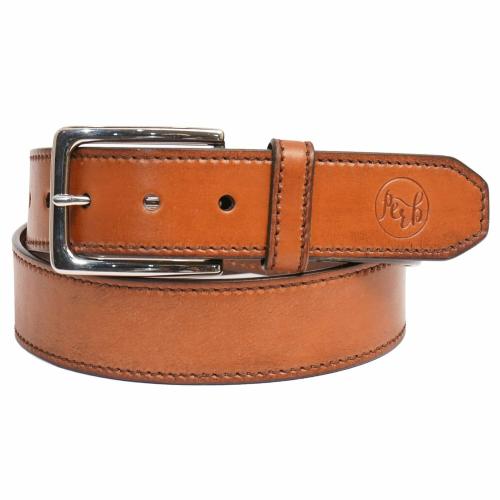 PERB - Full Grain Imported Spanish Tan Premium Leather Belt for Men with Pin Buckle in Nickle Finish - 100% Handmade - For Casual / Formal Occasion in Gift Box (L)