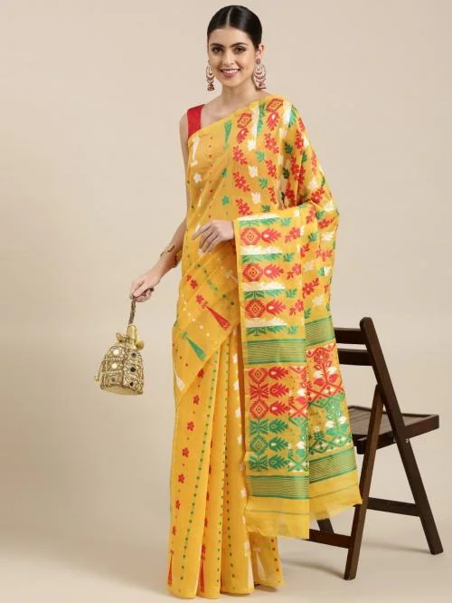 PANZORA Women Red and Yellow Woven Cotton Silk Jamdani Saree with Unstitched Blouse Piece
