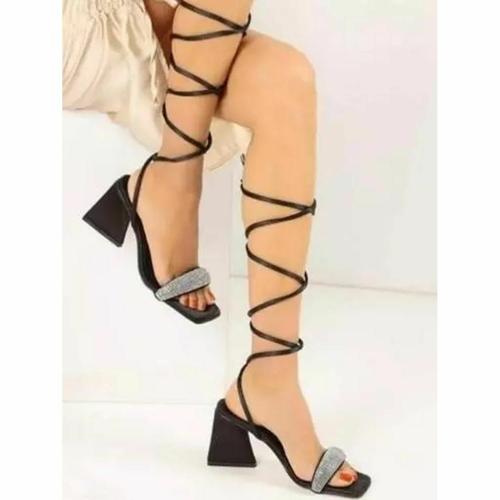 Shoetopia Embellished Stutted Strap Black Heeled Sandals For Women & Girls
