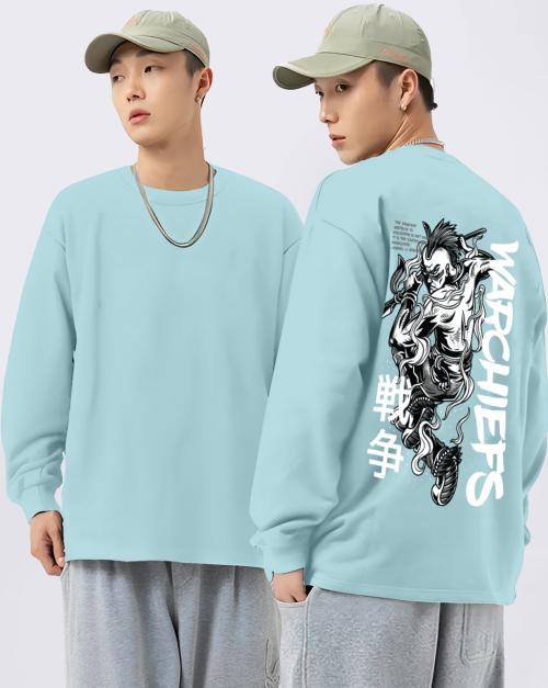 GESPO Oversized Back Graphic Printed Crew Neck Full Sleeve Cotton Blend Sky Blue T-Shirt
