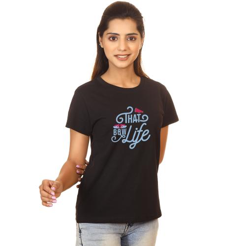 HUMUS Women black that bow life regular fit tshirt