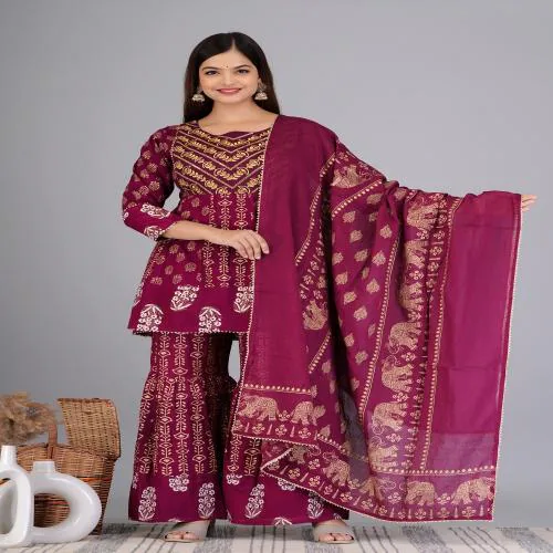 KUROCK Women's Rayon Sharara Suit | Printed Short Anarkali Kurta with Flared Palazzo - Large