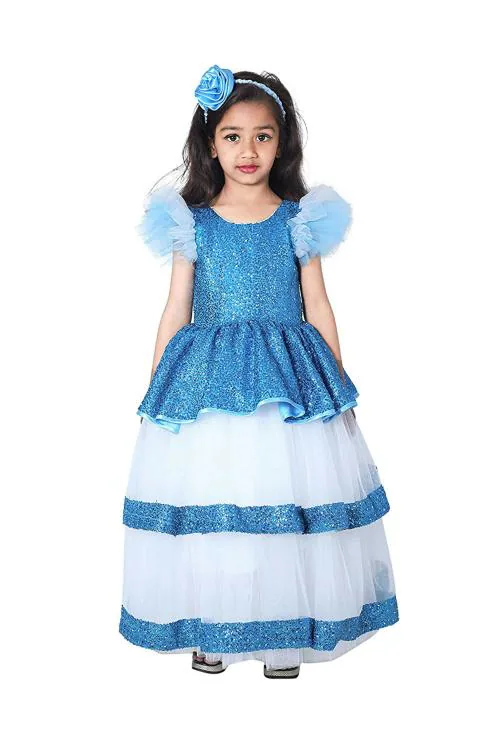 Wish Littlle Baby Girl Sky Blue And White Net A-Line Fit And Flare Long Dress - 12 Months-24 Months