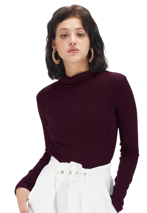 Fabricorn Stylish Plain Wine Long Sleeve Turtle Neck Cotton Tshirt for women (Large ,Wine)