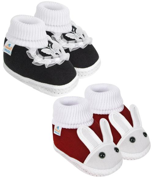 Neska Moda 9 To 12 Months Pack of 2 Pair Cotton Butterfly Frill and Rabit Face Booties