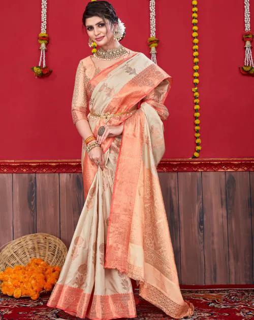 Parvani Off White Silk Saree with Exquisite Golden Work_Timeless Elegance and Opulence