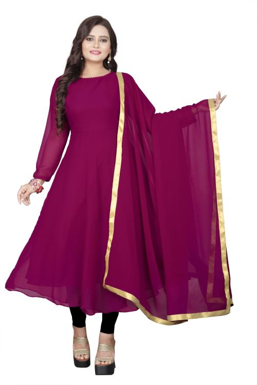 Bindudi Women Purple Solid Georgette Stitched Anarkali Gown (L)