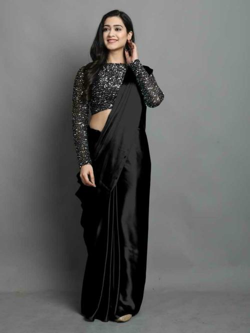 Liklee Women Black Solid Satin Saree