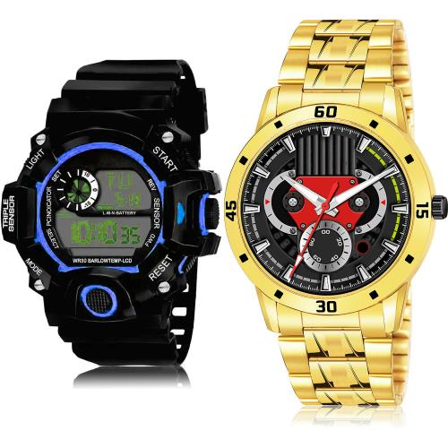 TIMENTER Brand New Royal Army Digital Sports And Gold Chain Black And Gold Colour Analog And Digital Resin And Stainless Steel Belt 2 Watch Combo For Boys And Men - BC25-(29-S-21)