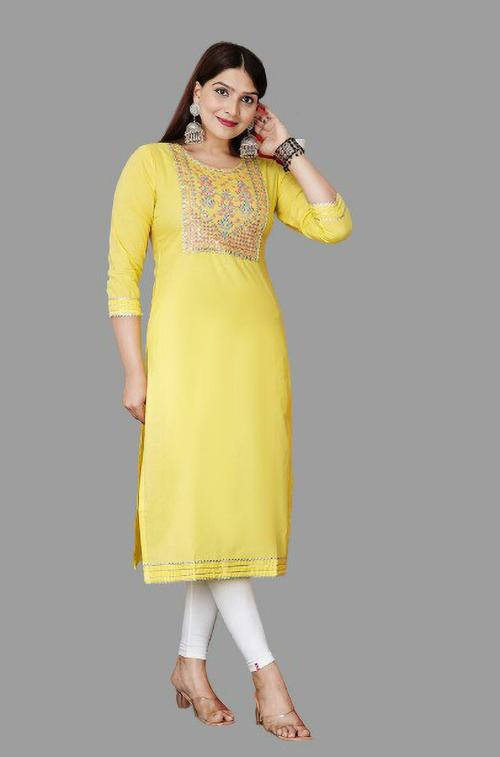 Aayusika Womens Yellow Embroidered Cotton Blend Straight Kurta (L)