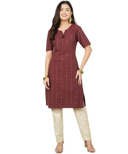 ANUSHIL Cotton Dobby Woven Design V- Neck Elbow Sleeves Knee Length Kurta for Women's