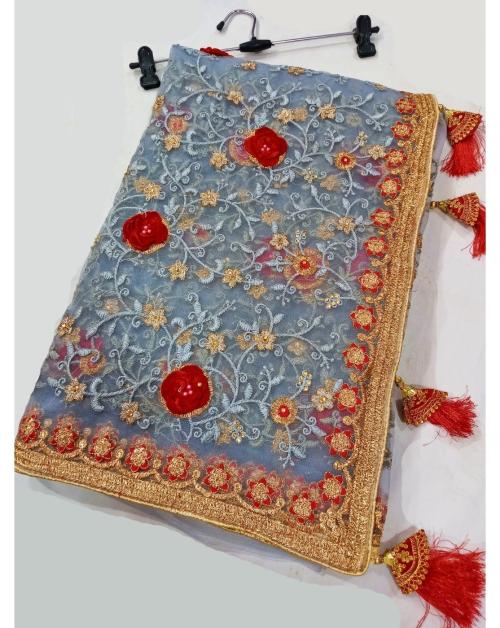 shyamlata Women's Net Machine And Hand Embroidery Stone Work Saree With Embroidered Blouse Piece|Grey