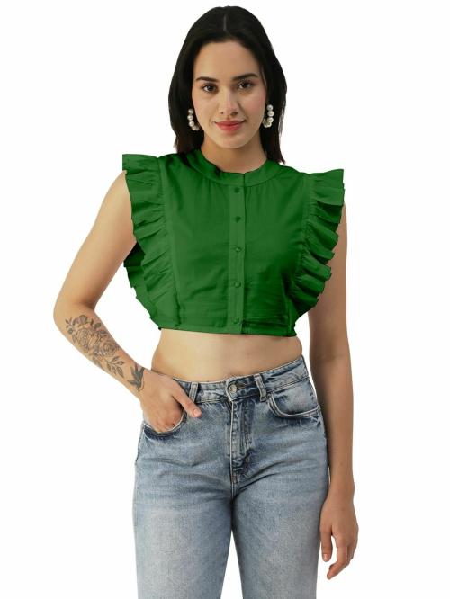 Moomaya Button Down Solid Cotton Crop Top, Frilled Sleeve Tops Summer Clothing