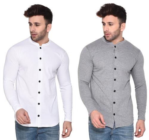 Tfurnish Men Multicolor Solid Cotton Blend Mandarin Collar Shirt (Pack of 2)