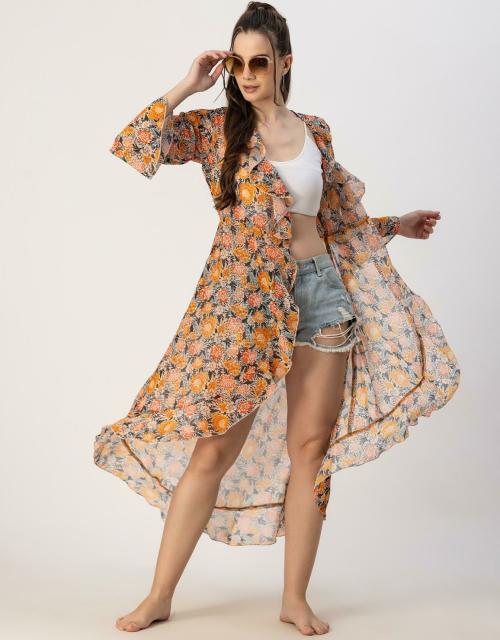 Moomaya Long Sleeves V Neck Ruffle Regular Fit Printed Women's Ruffle Shrug