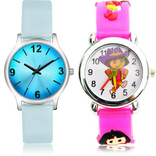 NEUTRON Modern Quartz Simple And Dora The Explorer Kids Blue And Pink Colour Analog Genuine Leather And Plastic Belt 2 Watch Combo For Women And Girls - GM353-GC191