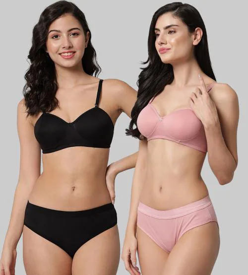 Aamarsh Women Cotton Bra Panty Set for Lingerie Set ( Pack of 2 ) ( Color : Black,Pink )