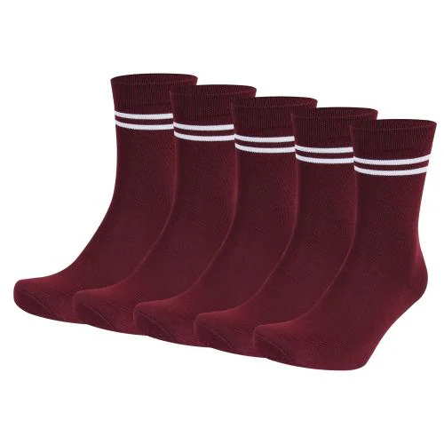 Bizala Maroon Color with White Stripes Calf Length Cotton School Socks for Boys & Girls (Pack of 5 Pairs) 15-16Y